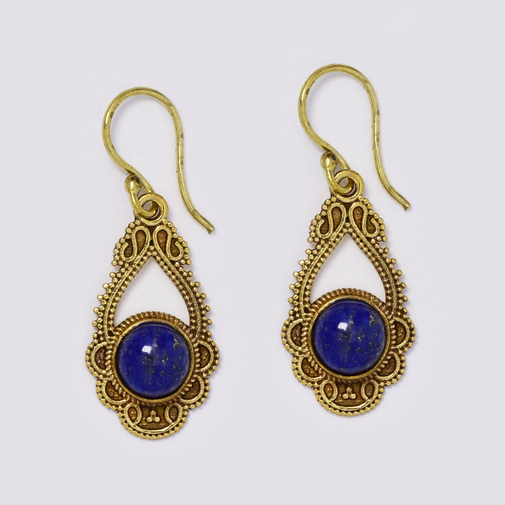 Brass decorative teardrop earrings with gemstone