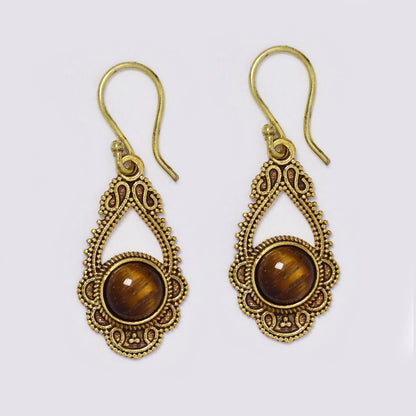 Brass decorative teardrop earrings with gemstone