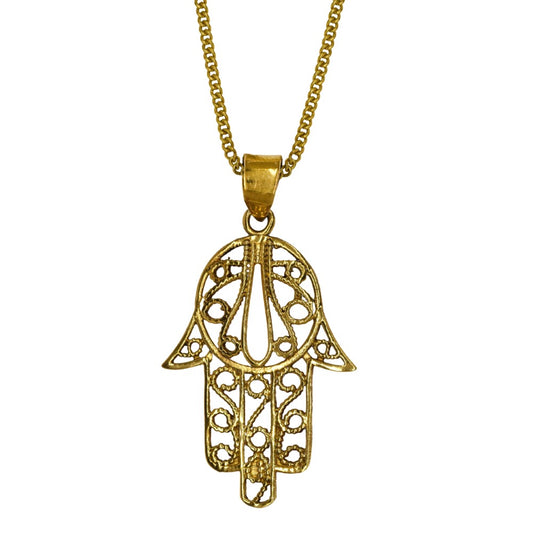 Brass long slim filigree Hamsa necklace