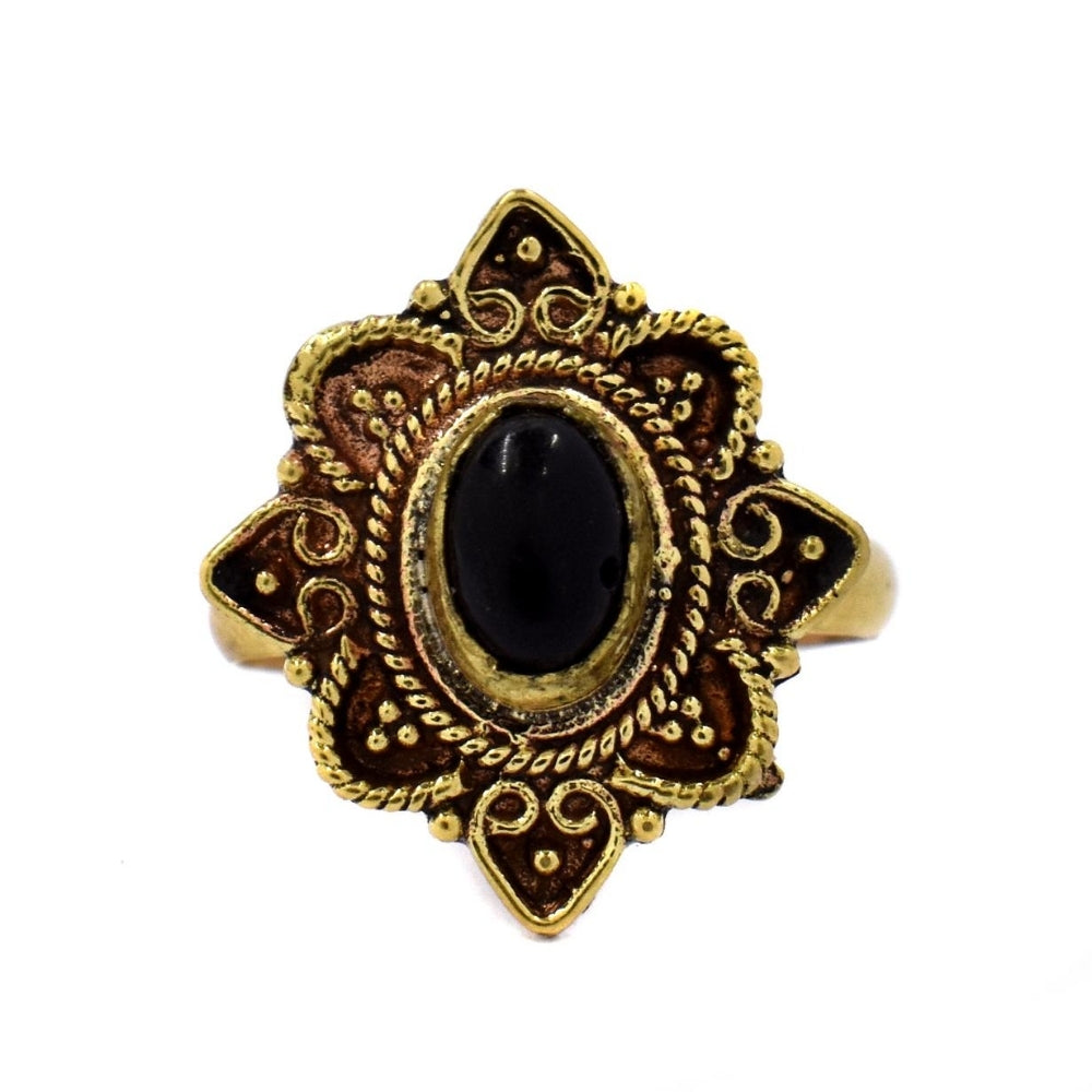 Brass oxidized gemstone flower ring - IFR521