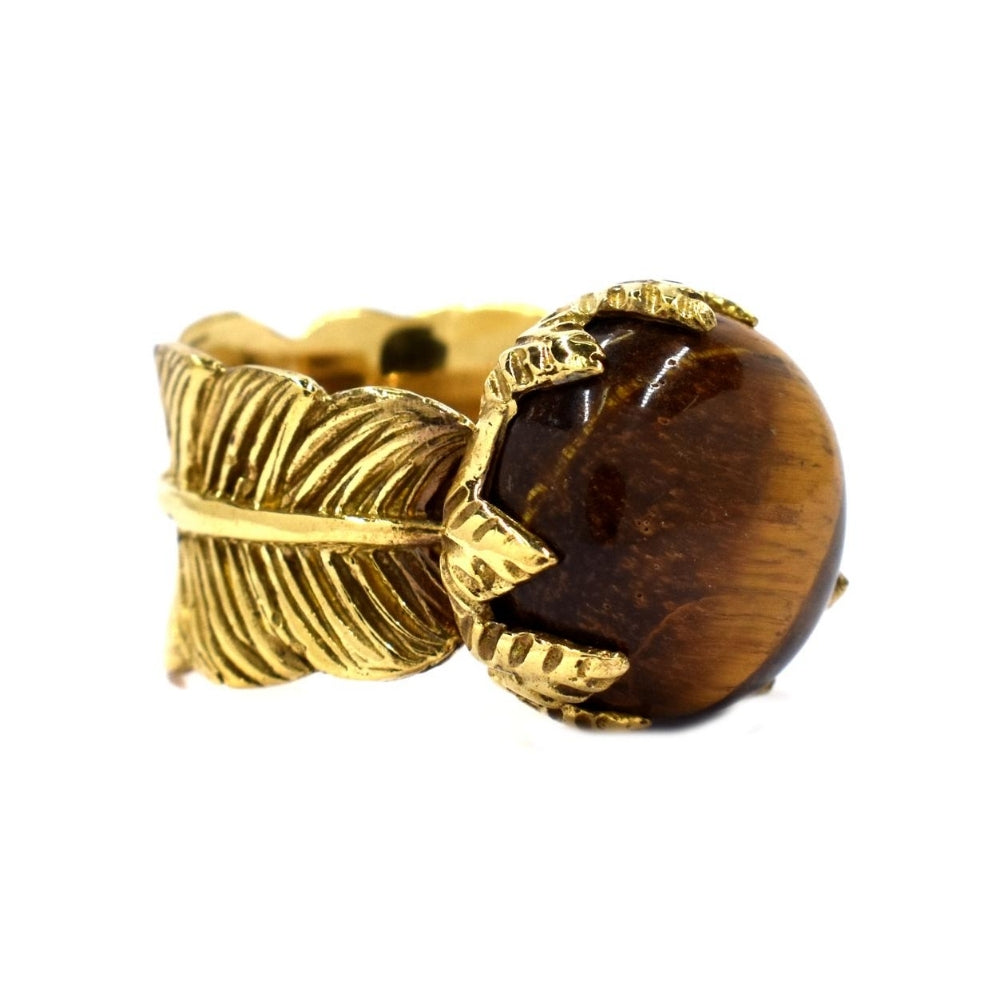 Brass chunky feather imprint gemstone brass ring - IFR529