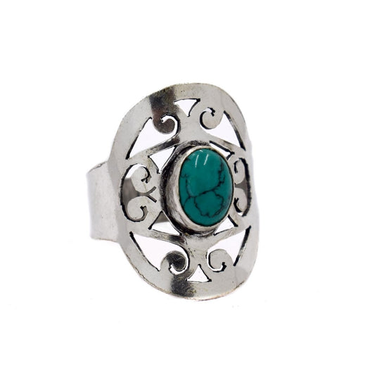 Brass silver turquoise gemstone cutout swirl statement ring