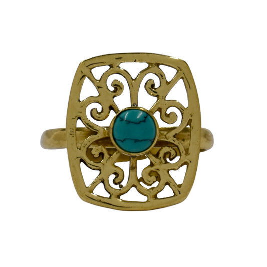 Brass Gemstone square cutout filigree ring