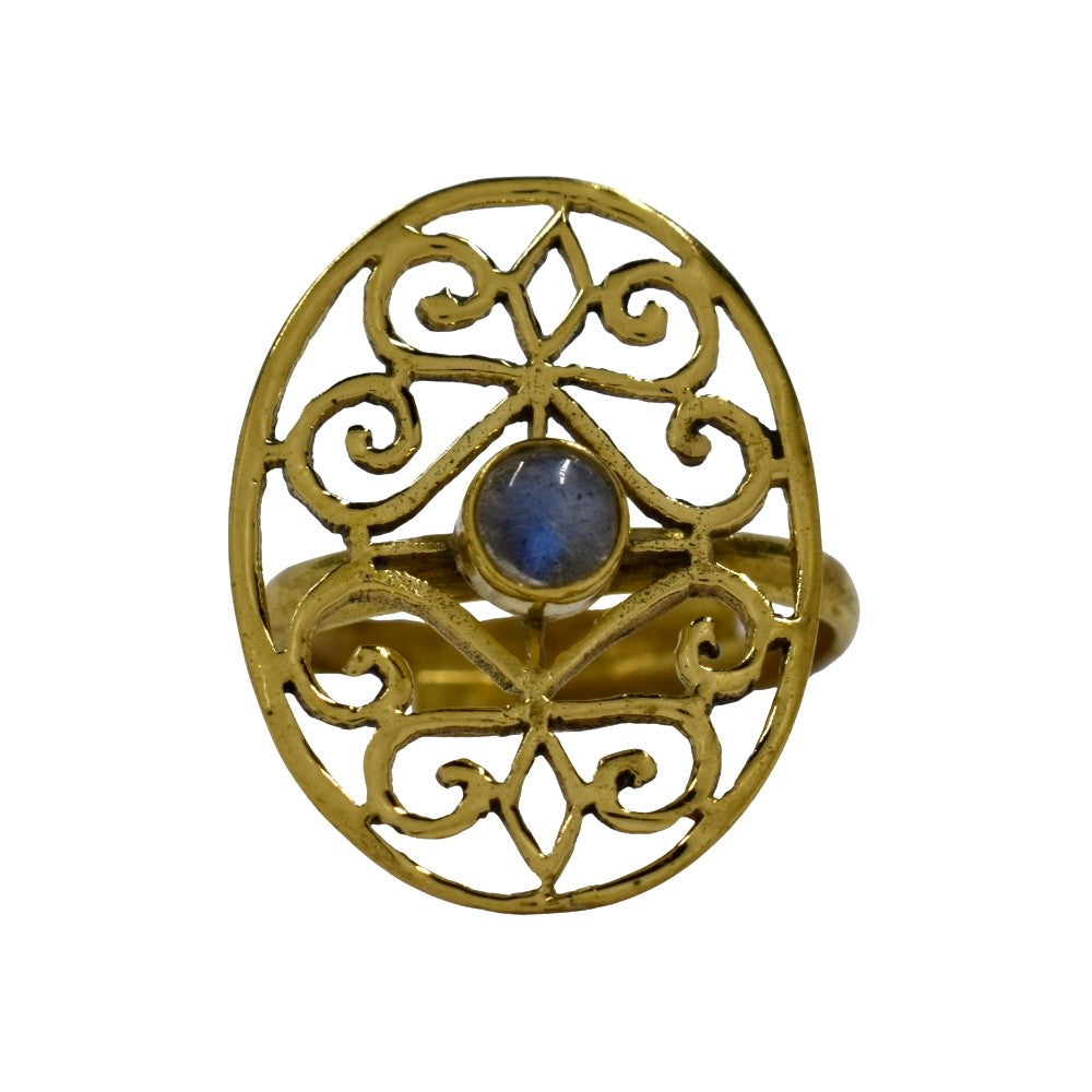 Brass Round gemstone cutout filigree free size ring - IFR620