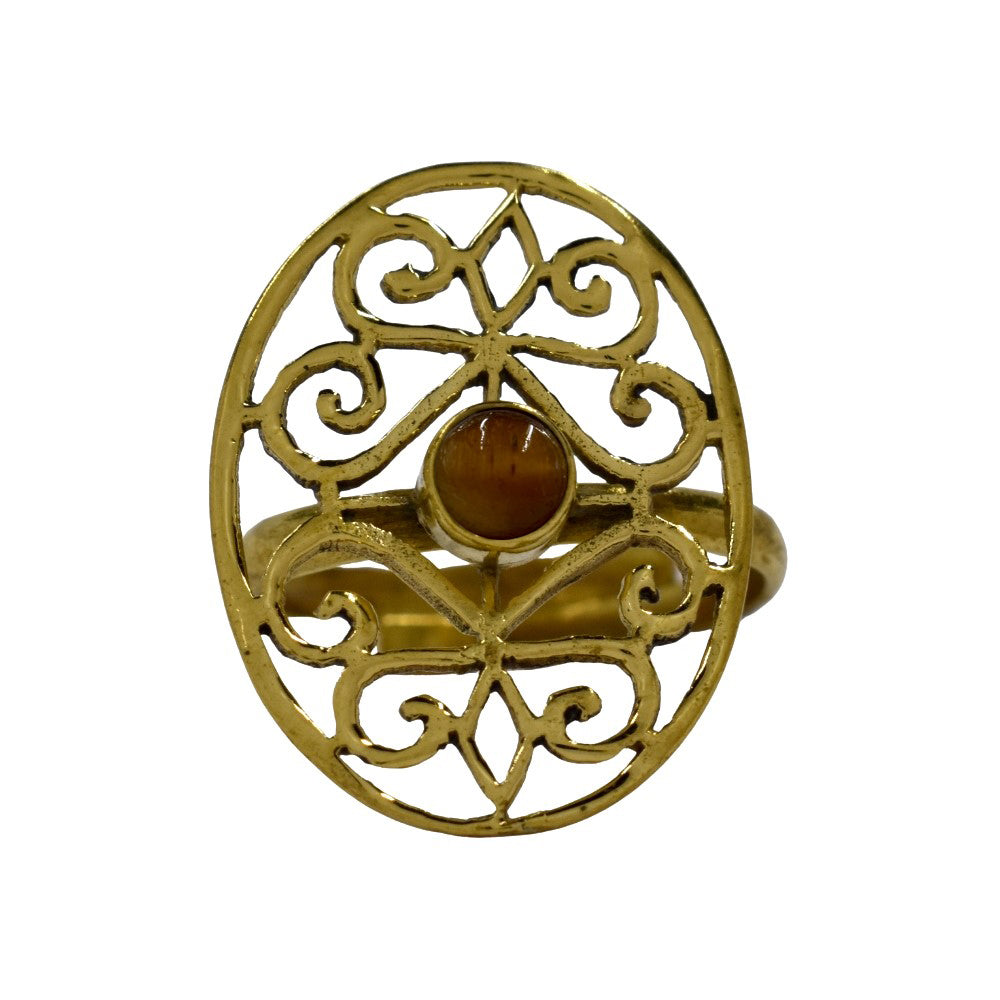 Brass Round gemstone cutout filigree free size ring - IFR620