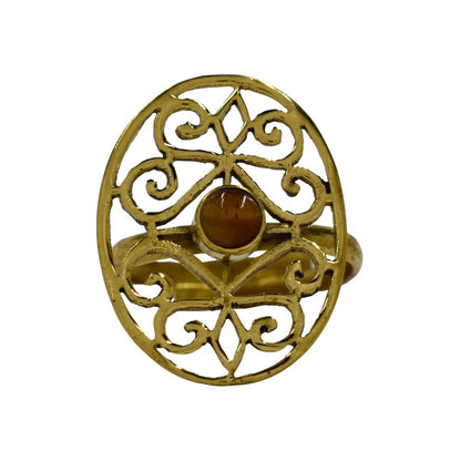 Brass Round gemstone cutout filigree free size ring - IFR620