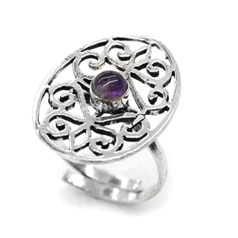 Brass Round gemstone cutout filigree free size ring - IFR620