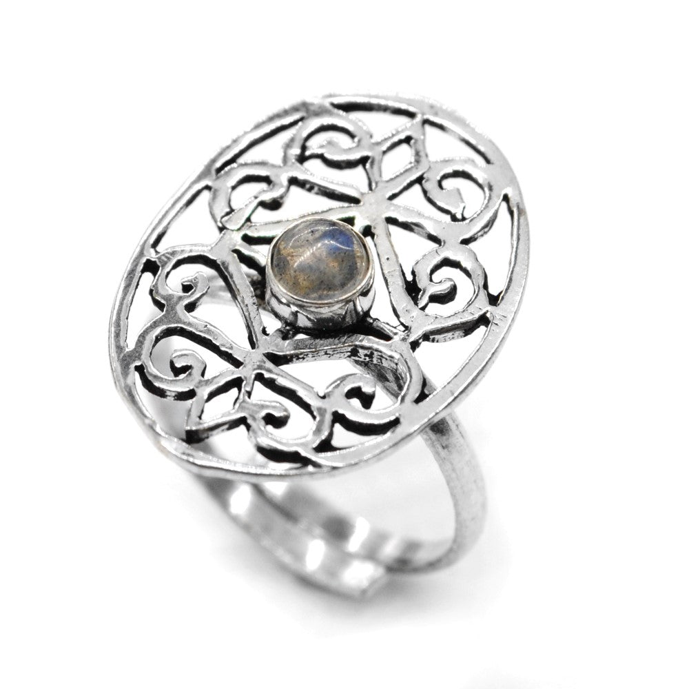 Brass Round gemstone cutout filigree free size ring - IFR620