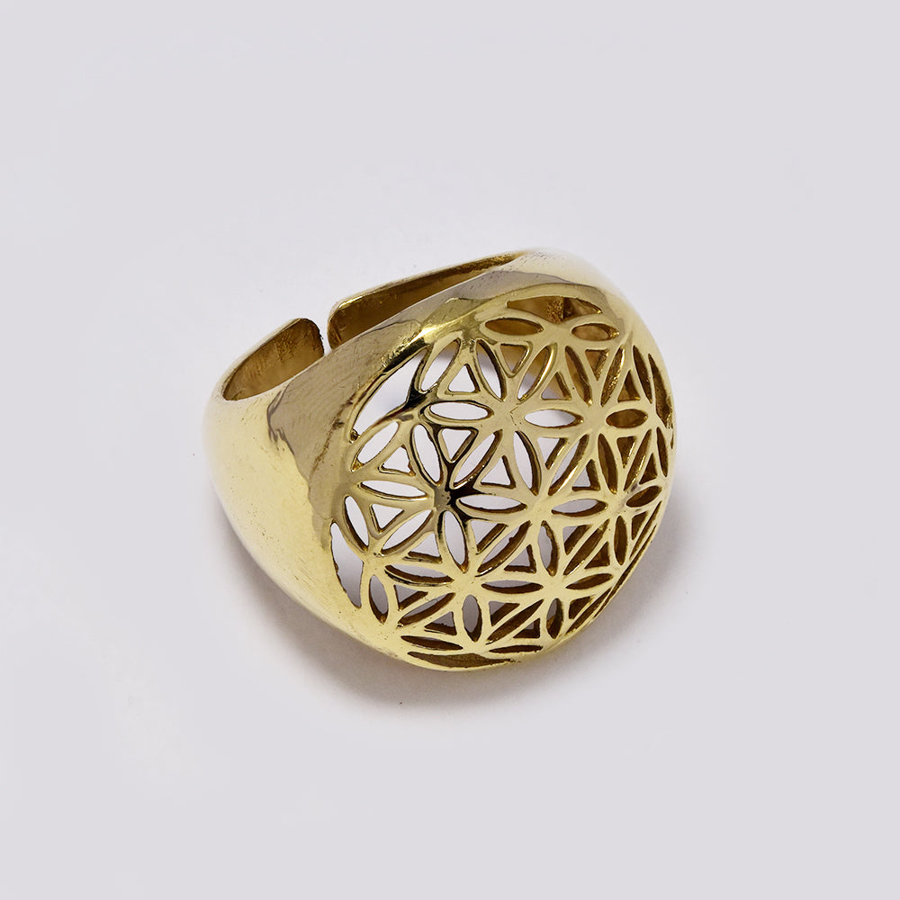 Brass broad domed floral lattice top  free size ring - IFR705