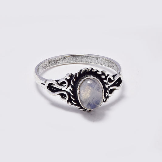 Brass silver moonstone ring with oxidized decorative framing - IFR706