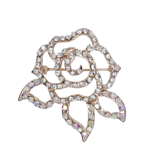 Fashion gold plated crystal rose and leaf brooch