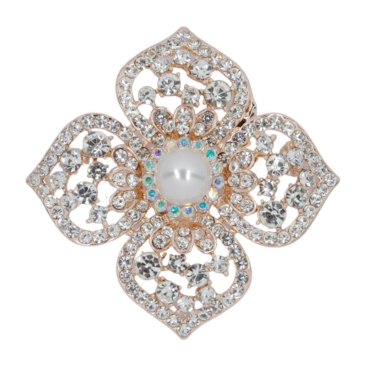 Fashion gold crystal and pearl flower brooch