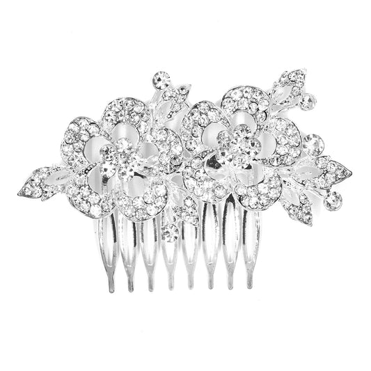 Crystal cutout double flower and leaf hair comb - LH5068