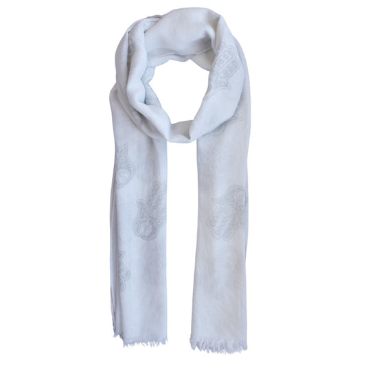 White fashion scarf with grey detailed stencil Hamsa pattern print and frayed edging 180mm x 80mm - LS5440
