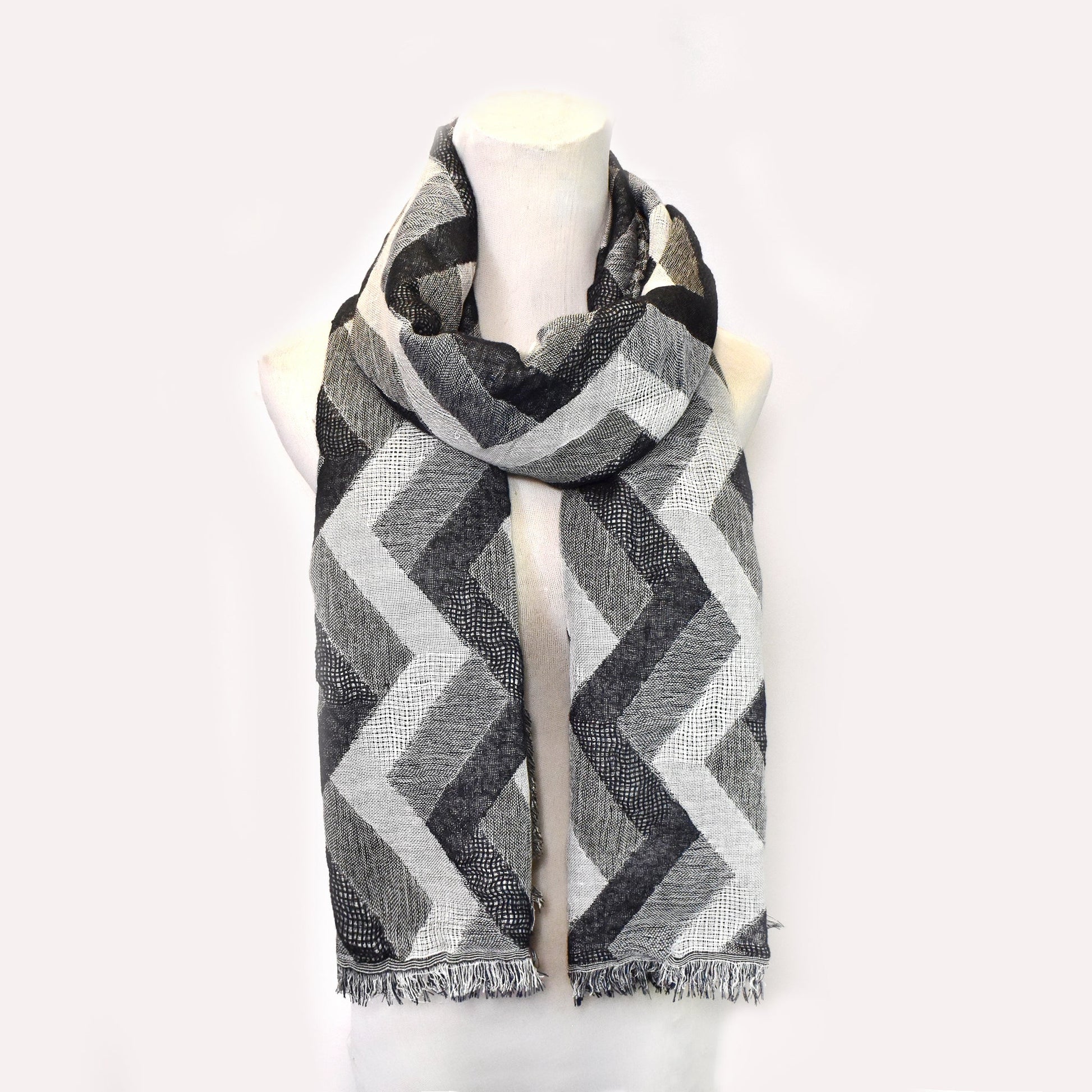 LS8288 - Zigzag frayed tassel scarf - Grey