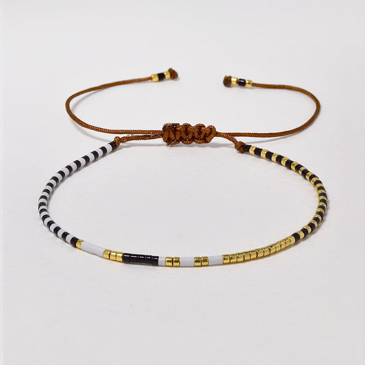 Fashion adjustable brown cotton black and white stripe pattern beaded bracelet