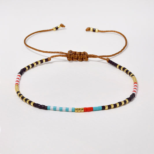 Fashion adjustable brown cotton navy gold and colour beaded bracelet - MFB2970