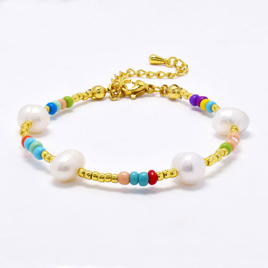 Fashion colour bead and freshwater pearl on gold bracelet - MFB3047