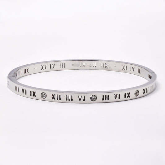Stainless steel roman numerals with cubic zirconia bangle - NCSSB024