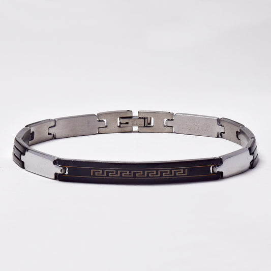 Stainless steel two tone ID bracelet with Grecian pattern - NCSSB030