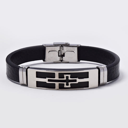 Stainless steel cross cutout ID PU bangle - NCSSB040