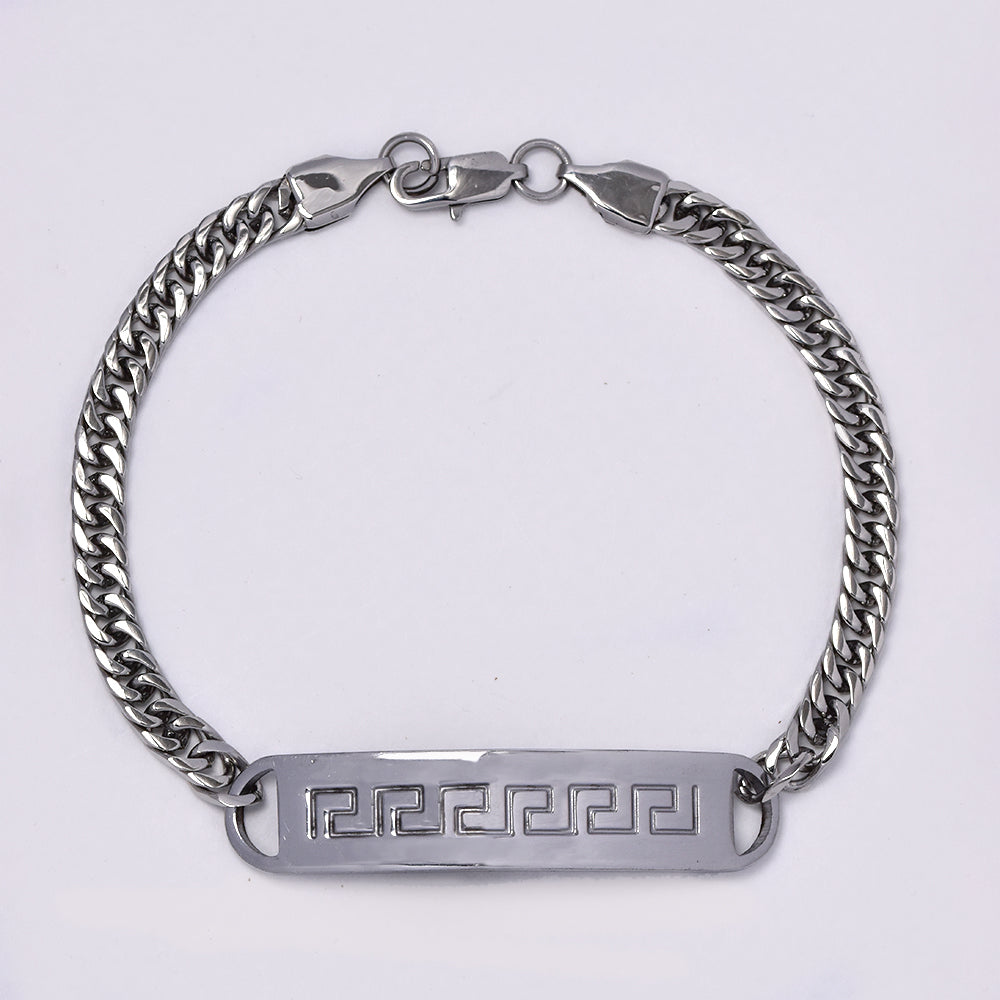 Stainless steel ID bracelet with geometrical pattern & closed curb chain link - 22cm - NCSSB053