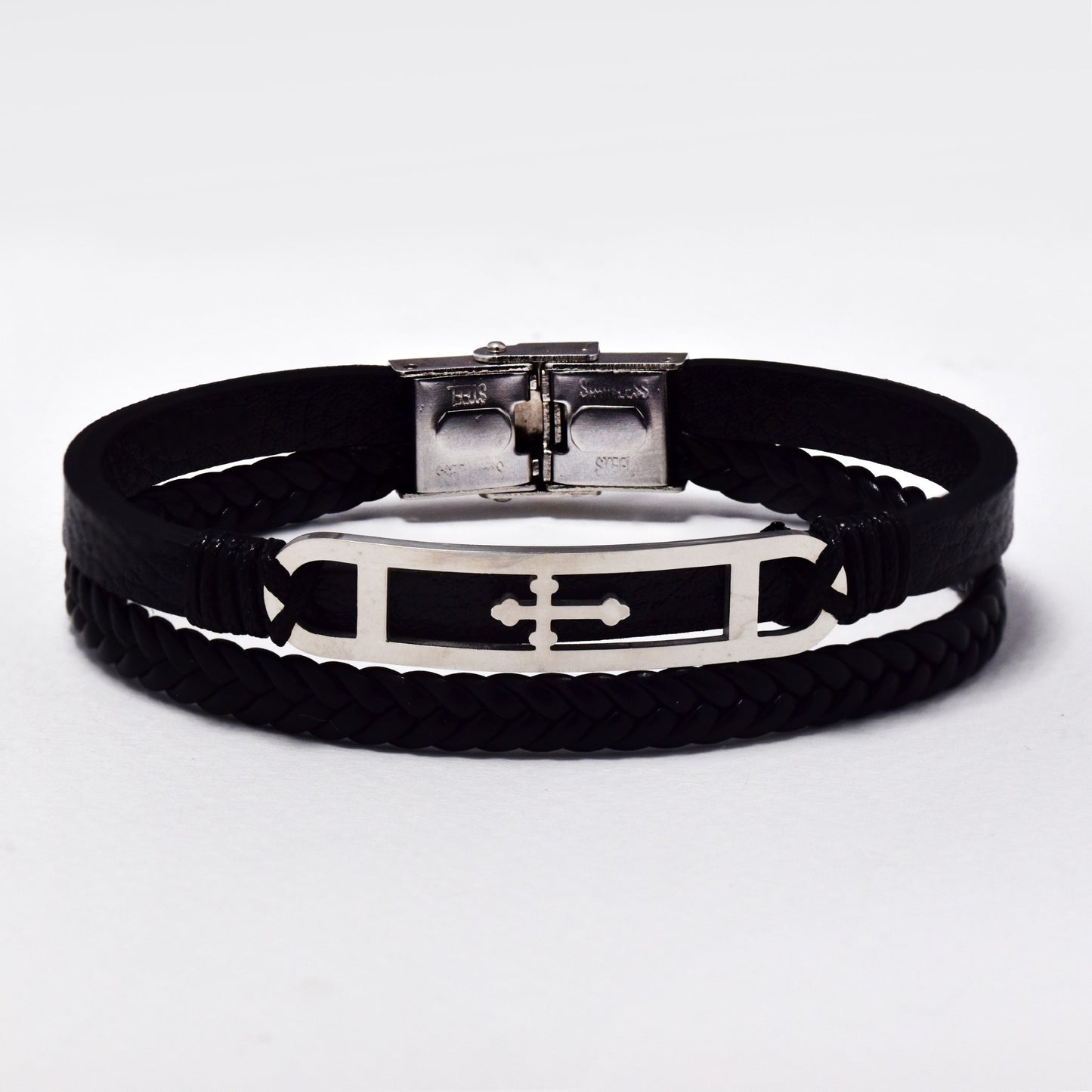 Stainless steel and leather weave bracelet with cross - NCSSB064