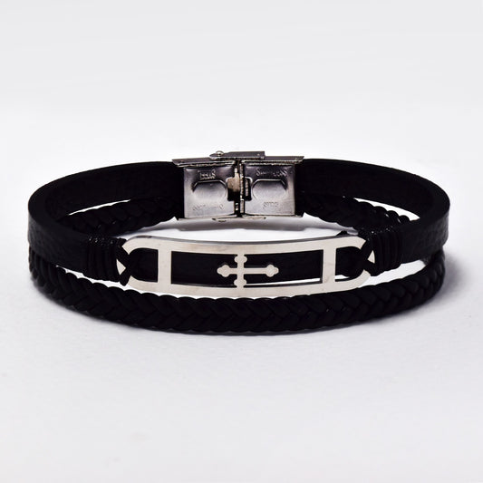 Stainless steel and leather weave bracelet with cross - NCSSB064