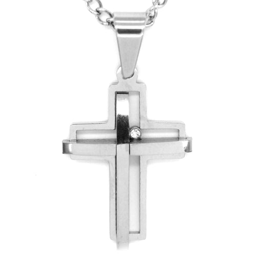 Stainless steel double cross and cz pendant - NCSSN001