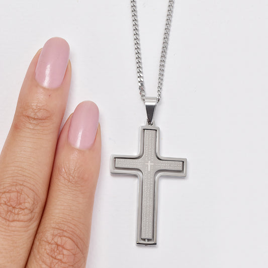 Stainless steel Spanish Lord's prayer cross pendant - NCSSN017