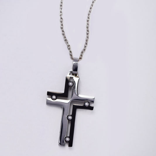 Stainless steel black and silver half and half cross pendant - NCSSN019