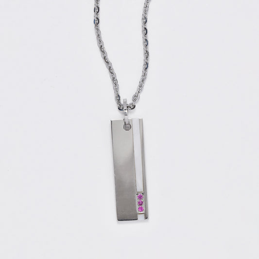 NCSSN033 - Steel bar necklace with shell strip and pink CZ