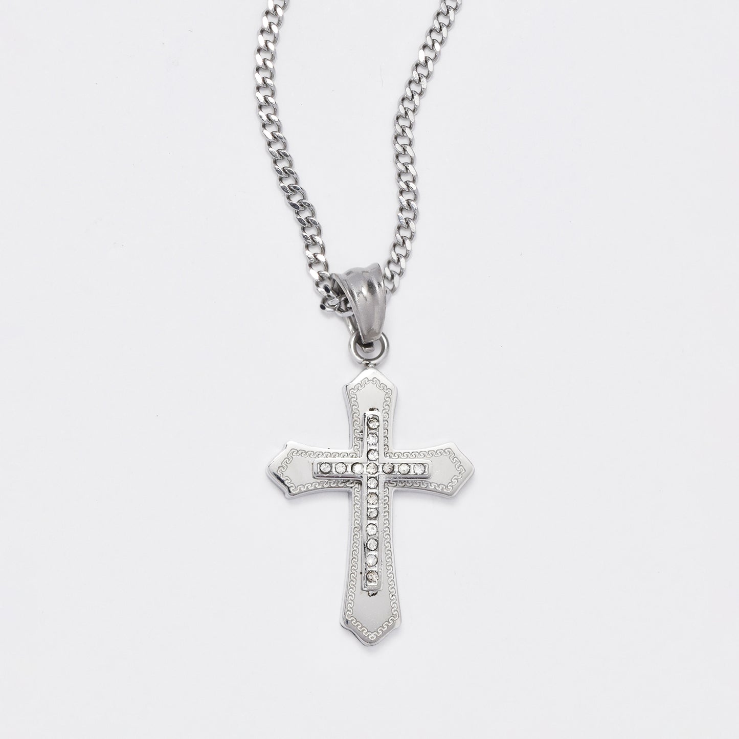 NCSSN035 - Steel 30mm x 20mm double cross CZ necklace