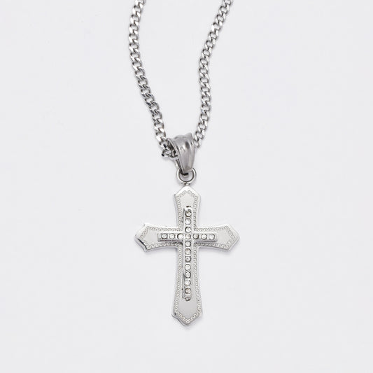 NCSSN035 - Steel 30mm x 20mm double cross CZ necklace