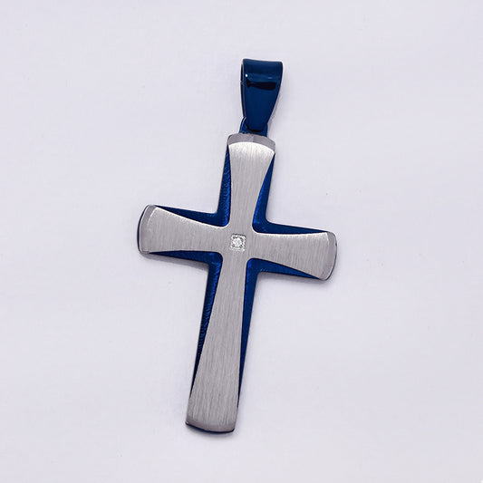 Stainless steel blue and silver cross pendant with cz center - NCSSP026I