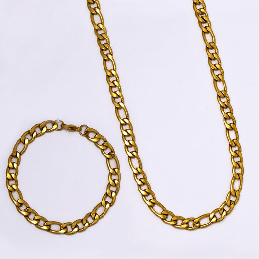 Stainless steel 60cm chain and 22cm figaro bracelet set - 8mm wide - NCSSST002