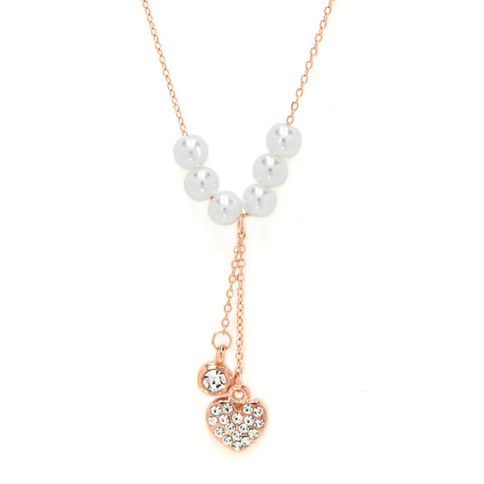 Premium cubic zirconia rose gold pearl and heart Y necklace