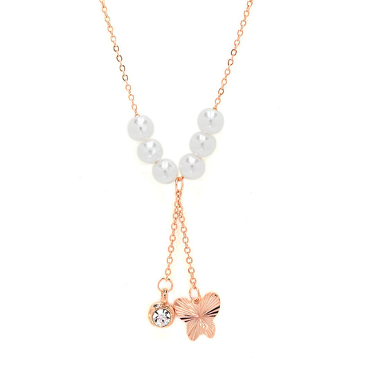 Premium cubic zirconia rose gold pearl and butterfly Y necklace
