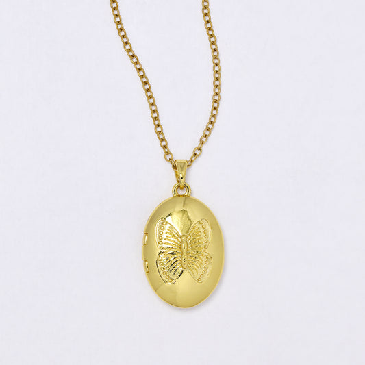 PYN7299 - Premium brass 45cm + 5cm oval butterfly engraved locket necklace