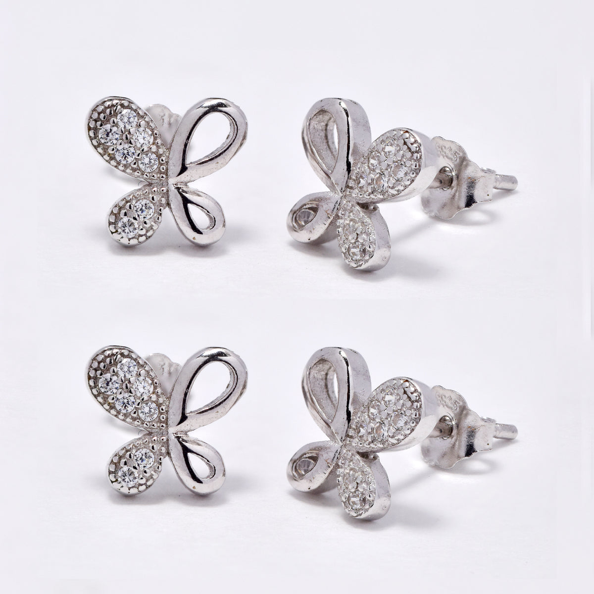 2 Pack 925 Silver half cubic zirconia butterfly stud earring - SEC1387