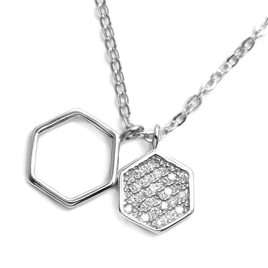 SGN3392 - 925 Silver cutout and Cubic Zirconia hexagon necklace