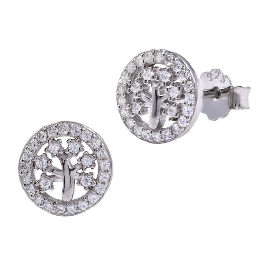 925 Silver cubic zirconia tree of life circle stud earring - SME2830