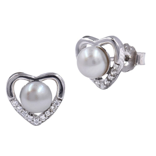 925 Silver pearl cubic zirconia heart stud earring - SME2831