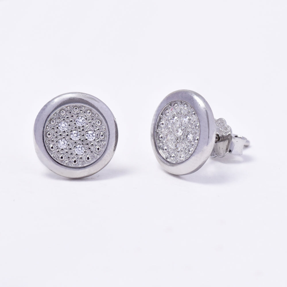 925 Silver flat round disc cubic zirconia pave stud earrings - SME2957