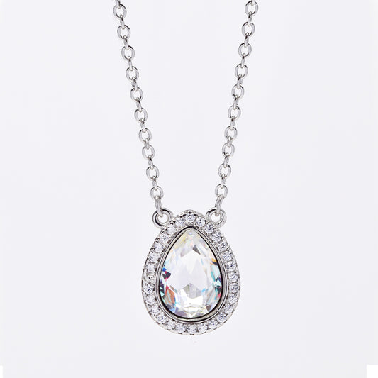 925 Silver cubic zirconia teardrop shaped halo pendant on chain - SMN2970