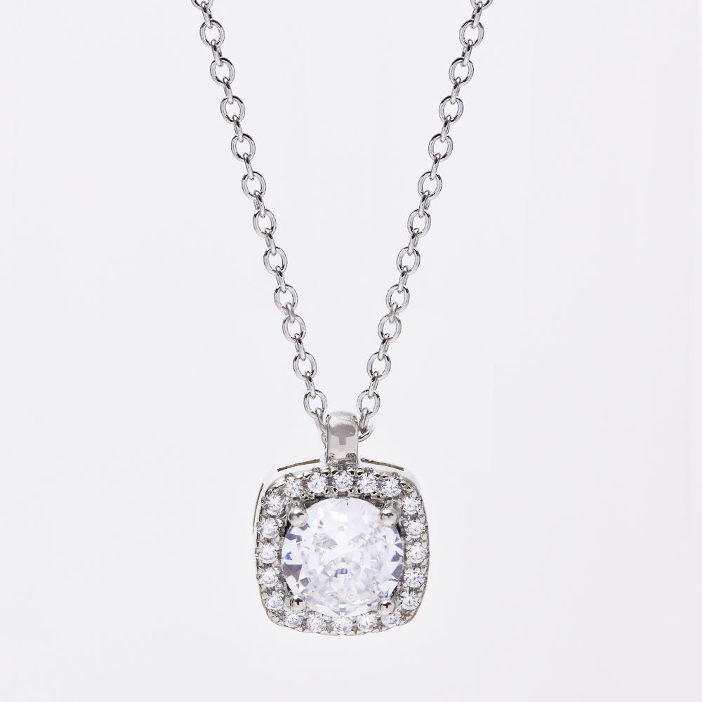925 Silver cubic zirconia square shaped halo pendant on chain - SMN2971