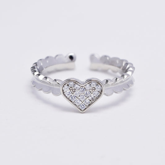 925 Silver cubic zirconia flat pave heart  scallop edge ring - SMR2987