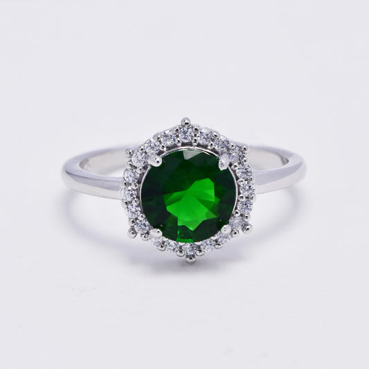 925 Silver cubic zirconia and colour centre stone halo ring - SMR3002-GRN-N