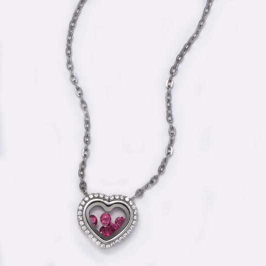 925 Silver hollow heart with pink cubic zirconia pendant