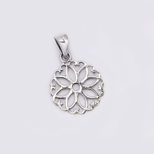 925 Silver round cutout flower pendant